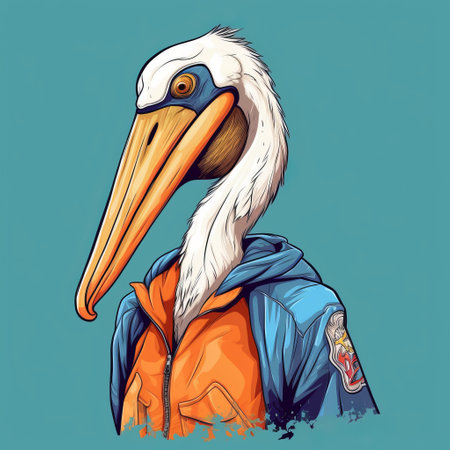 this half-length portrait of a pelican wearing street wear in azuki nft style showcases the bird's side face in a cartoon-like manner. the light background adds to the pure profile of the pelican. ai generatedの素材