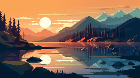 this illustration depicts a serene lagoon scene with mountains in the background and a lake with trees in the foreground. the style is simple and minimalistic. ai generatedの素材