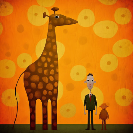 enjoy the funny and whimsical world of owl comics featuring orange giraffes. these comics are created in the style of didier lourenco, a minimalist painter known for his vector art. other artists like john riley, andy kehoe, and flickr's stipple also inspire the toy-like proportions of these illustrations. ai generatedの素材