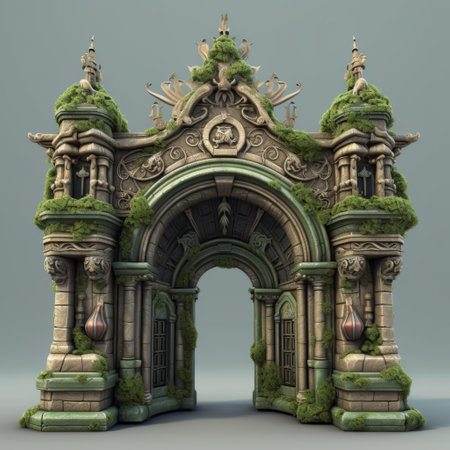this 3d model of a medieval entrance gate is designed with green architecture in mind, perfect for use in cartoon animations. the gate features intricate details and a realistic texture that will bring your animation to life. ai generatedの素材