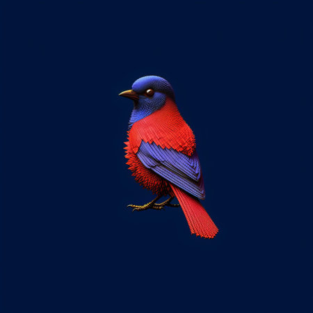 this pixel art of a bird is set against a solid background, making it perfect for use in a variety of design projects. the bird's vibrant colors and intricate details are sure to catch the eye and add a touch of vogue to any project. ai generatedの素材