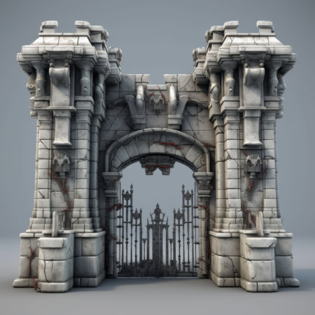 create a stunning medieval entrance gate for your cartoon with this 3d model. the design features brutalist architecture, adding a unique touch to your project. ai generatedの素材