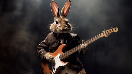 annie leibovitz captures a rabbit dressed as a rock musician playing bass guitar on stage in a stunning photograph. ai generatedの素材