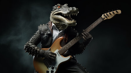 annie leibovitz captures a crocodile dressed as a rock musician playing the bass guitar on stage in a surreal and humorous photograph. ai generatedの素材