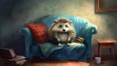 design a comic strip in the style of chuck jones, featuring a hedgehog in a simple living room scene. the hedgehog is sitting on a blue sofa, looking curiously and with a big smile into the camera. ai generatedの素材