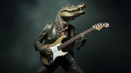 annie leibovitz captures a crocodile dressed as a rock musician playing the bass guitar on stage in this surreal and whimsical photograph. ai generatedの素材