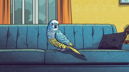 bring your artistic skills to life by creating a comic in the style of chuck jones. the comic should feature a budgerigar sitting on a blue sofa in a simple living room scene. the budgerigar should be looking curiously and smiling into the camera. ai generatedの素材