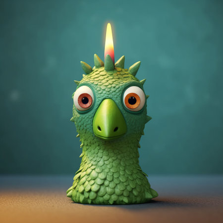 a close-up shot of a candle shaped like a green bird figurine with painted eyes on its head. the candle is designed in the style of evgeni gordiets, clemens ascher, didier lourenco, concrete, inventive character designs, and spiky mounds. ai generatedの素材
