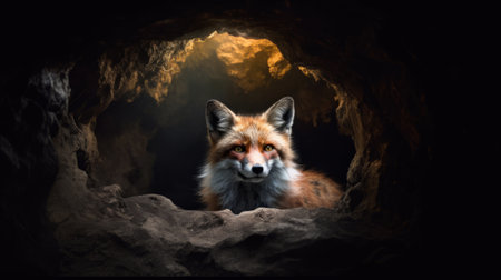 this photo captures the beauty and mystery of a fox inside a dark cave. the lighting and shadows create a realistic and captivating image. ai generatedの素材