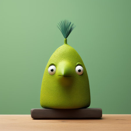 this close-up shot showcases a tray of a green bird figurine with painted eyes on its head. the figurine is created in the style of various artists such as evgeni gordiets, clemens ascher, didier lourenco, concrete, inventive character designs, and spiky mounds. ai generatedの素材