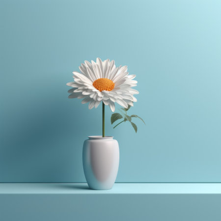 this artwork features a chrysanthemum and daisy in the center of a morandi light blue frame. the visual harmony of 8k resolution style and cheerful colors create a millennium wave effect. the flowers are depicted in the front of the frame, creating a solid background. ai generatedの素材