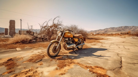 a motorcycle is left abandoned on the side of a deserted road, with shattered windows and missing tires. the surrounding landscape is a barren expanse of scrub brush and sand. the photograph features volumetric lighting and showcases professional photography. ai generatedの素材