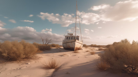 a yacht is left abandoned on the side of a deserted road, with shattered windows and missing tires. the surrounding landscape is a barren expanse of scrub brush and sand. the professional photography captures the scene with volumetric lighting. ai generatedの素材
