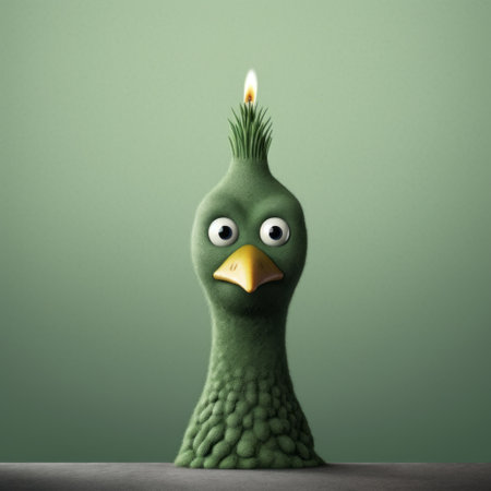 a close-up shot of a candle shaped like a green bird figurine with painted eyes on its head. the design is inspired by the works of evgeni gordiets, clemens ascher, didier lourenco, concrete, inventive character designs, and spiky mounds. ai generatedの素材