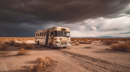 an rv is left abandoned on the side of a deserted road, with shattered windows and missing tires. the surrounding landscape is a barren expanse of scrub brush and sand. the scene is captured with volumetric lighting and professional photography. ai generatedの素材