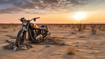 a motorcycle is left abandoned on the side of a deserted road, with shattered windows and missing tires. the surrounding landscape is a barren expanse of scrub brush and sand. the photo is taken with volumetric lighting and professional photography techniques. ai generatedの素材