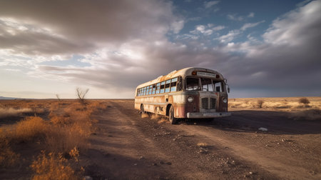 a bus is left abandoned on the side of a deserted road, with shattered windows and missing tires. the surrounding landscape is a barren expanse of scrub brush and sand. the photo features volumetric lighting and showcases professional photography. ai generatedの素材