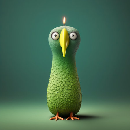 a close-up shot of a candle shaped like a green bird figurine with painted eyes on its head. the design is inspired by the works of evgeni gordiets and clemens ascher, as well as other artists such as didier lourenco, concrete, inventive character designs, and spiky mounds. ai generatedの素材