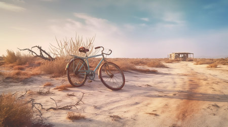 a bicycle left behind on a deserted road, with shattered windows and missing tires. the surrounding landscape is barren and bleak, with scrub brush and sand. the photo features volumetric lighting and professional photography. ai generatedの素材