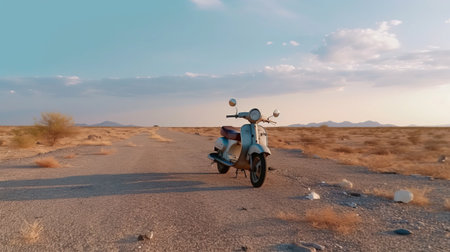 a scooter is left abandoned on the side of a deserted road, with shattered windows and missing tires. the surrounding landscape is a barren expanse of scrub brush and sand. the photo is taken with volumetric lighting and professional photography techniques. ai generatedの素材