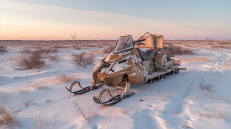 a snowmobile is left abandoned on the side of a deserted road, with shattered windows and missing tires. the surrounding landscape is a barren expanse of scrub brush and sand. the photo features volumetric lighting and showcases professional photography. ai generatedの素材