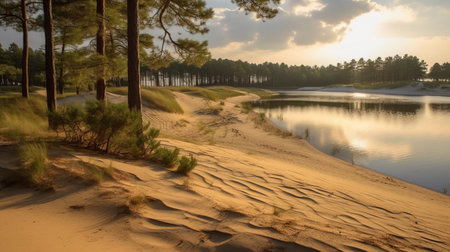 a breathtaking view of a dune rising from the edge of a serene lake, surrounded by tall pine trees. ai generatedの素材
