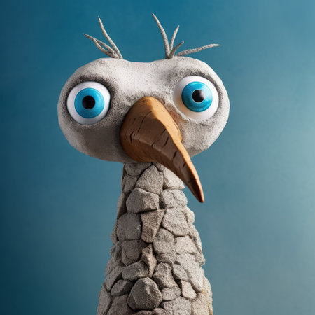 this seagull figurine features blue feathers and eyes painted on its head, and is designed in the style of evgeni gordiets, clemens ascher, didier lourenco, concrete, inventive character designs, and spiky mounds. the close-up view highlights the intricate details of the figurine. ai generatedの素材