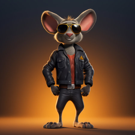 a kangaroo is featured in a disney pixar cartoon wearing a black biker jacket, jeans, and sunglasses. the kangaroo is standing upright on its hind legs. ai generatedの素材