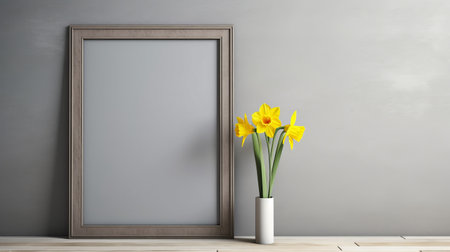 a stunning shot of a blank wooden frame standing on a board on the wall, with a single daffodil laying in front of it. the natural light highlights the minimalist design, while the gray wall color adds a touch of elegance. ai generatedの素材