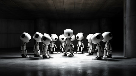 in an eerie scene, delivery robots are seen huddled together in a dark concrete room. their lifelike appearance and inner glow add to the unsettling atmosphere. ai generatedの素材