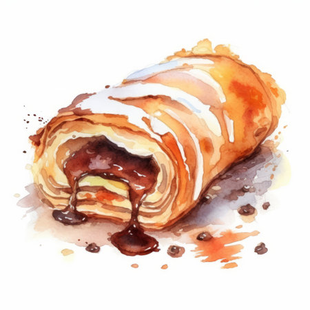 a delicious strudel with a chocolate glaze, painted in a beautiful watercolor style. the view is from the top, against a clean white background. ai generatedの素材