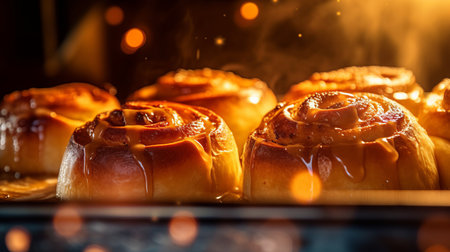 enjoy the caramelized sweetness of these beautifully backlit cinnamon rolls, dusted with a delicate layer of powdered sugar. ai generatedの素材