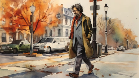 a beautiful watercolor painting of a man named john walking on the sidewalk. the painting captures the essence of a peaceful stroll on a sunny day. ai generatedの素材