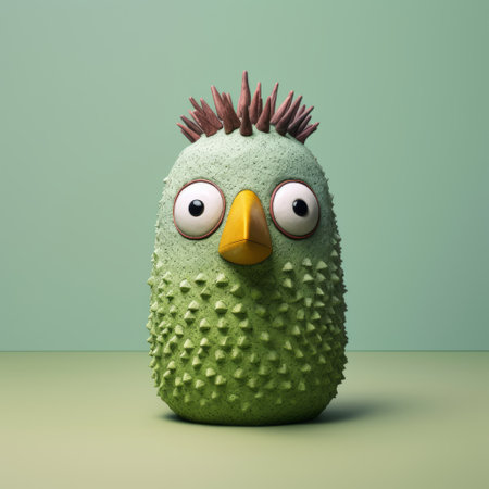 this close-up shot showcases a jar containing a green bird figurine with painted eyes on its head. the figurine is designed in the style of various artists such as evgeni gordiets, clemens ascher, didier lourenco, concrete, inventive character designs, and spiky mounds. ai generatedの素材