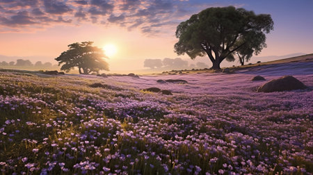 experience the beauty of provence morning with a stunning view of a colorful pansy field. breathe in the fresh air and immerse yourself in the peaceful surroundings. ai generatedの素材