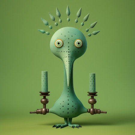 this close-up shot showcases a candelabra in the shape of a green bird figurine with painted eyes on its head. the design is reminiscent of the styles of evgeni gordiets, clemens ascher, didier lourenco, concrete, inventive character designs, and spiky mounds. ai generatedの素材