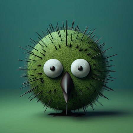 a close-up shot of a clock made from a green bird figurine with painted eyes on its head. the clock is designed in the style of evgeni gordiets, clemens ascher, didier lourenco, concrete, inventive character designs, and spiky mounds. ai generatedの素材