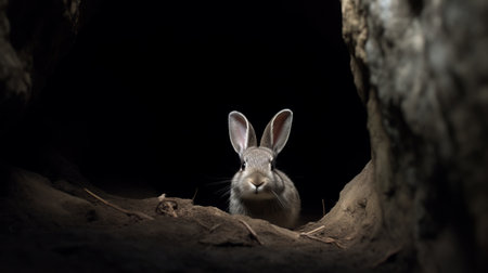 this photo captures the essence of a rabbit in its natural habitat, deep inside a dark cave. the lighting and shadows create a realistic and moody atmosphere. ai generatedの素材
