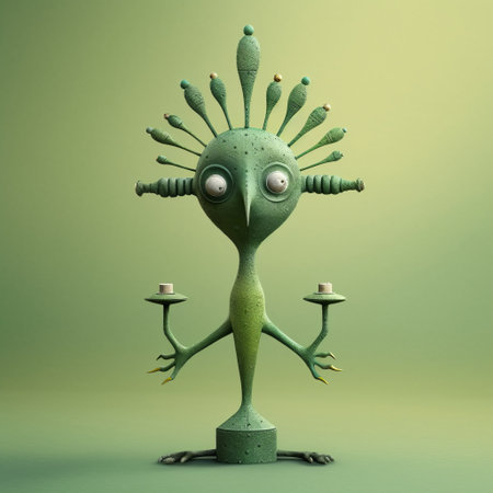 a close-up shot of a candelabra shaped like a green bird figurine with painted eyes on its head. the design is inspired by artists such as evgeni gordiets, clemens ascher, didier lourenco, concrete, inventive character designs, and spiky mounds. ai generatedの素材