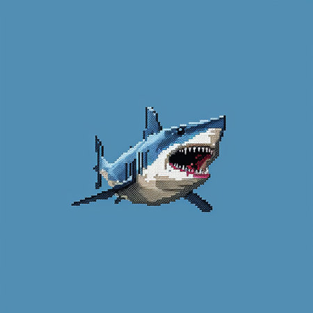 this pixel art of a shark is set against a solid background, making it perfect for use in a variety of design projects. the sharp lines and bold colors give it a vogue feel that is sure to make a statement. ai generatedの素材