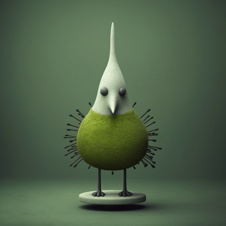 this close-up shot showcases a candelabra in the shape of a green bird figurine with painted eyes on its head. the design is inspired by the works of evgeni gordiets, clemens ascher, didier lourenco, concrete, inventive character designs, and spiky mounds. ai generatedの素材