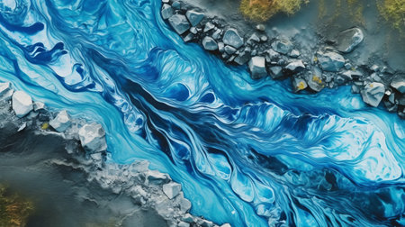 experience the beauty of iceland's glacier river stream as it reaches the coast and drops to the sea through stunning top-down butterfly photography. the realistic images will transport you to this breathtaking location. ai generatedの素材