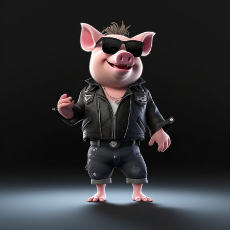 this disney pixar cartoon features a pig wearing a black biker jacket, jeans, and sunglasses, standing upright on its hind legs. the pig looks stunning in its outfit and adds a unique touch to the cartoon. ai generatedの素材