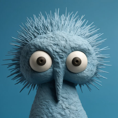 this bird figurine features blue feathers and eyes painted on its head, and is designed in the style of evgeni gordiets, clemens ascher, didier lourenco, concrete, inventive character designs, and spiky mounds. the close-up view highlights the intricate details of the figurine. ai generatedの素材