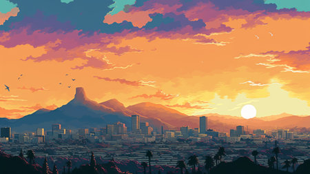 experience the beauty of a san jose sunset in the 1770s through this stunning pixel art illustration. the retro tones and illustration style will transport you back in time. ai generatedの素材