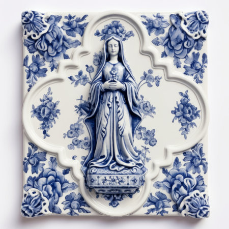 this statue showcases a vintage delft tile on a clean white background. the tile features shades of blue and creamy white, adding a touch of elegance to any space. ai generatedの素材