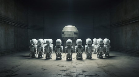 in a dimly lit concrete room, a group of security robots huddle together. their lifelike appearance is both impressive and creepy, with an inner glow emanating from their bodies. ai generatedの素材