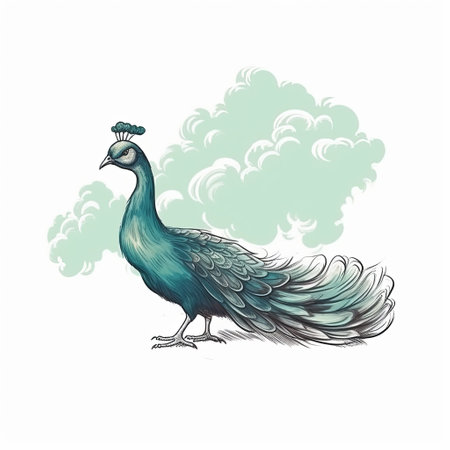 this sketch features a peacock with a moving head in side view before a cloud. the minimalist design uses thick green and white lines to create a striking image. the sketch is of the best quality and available in 8k resolution. ai generatedの素材