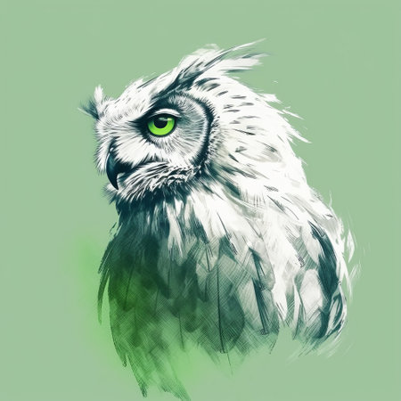 this sketch of an owl captures the bird in a side view, with its head turned and facing a cloud. the minimalist design features thick lines in green and white, and is of the best quality at 8k resolution. ai generatedの素材