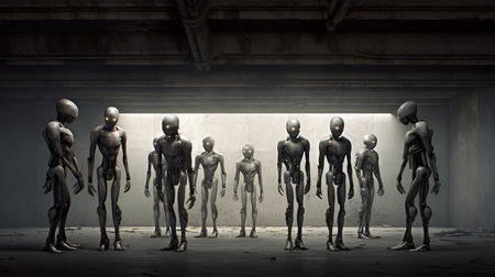 in a dimly lit concrete room, a group of industrial robots stand together, their lifelike appearance and inner glow creating an eerie atmosphere. ai generatedの素材